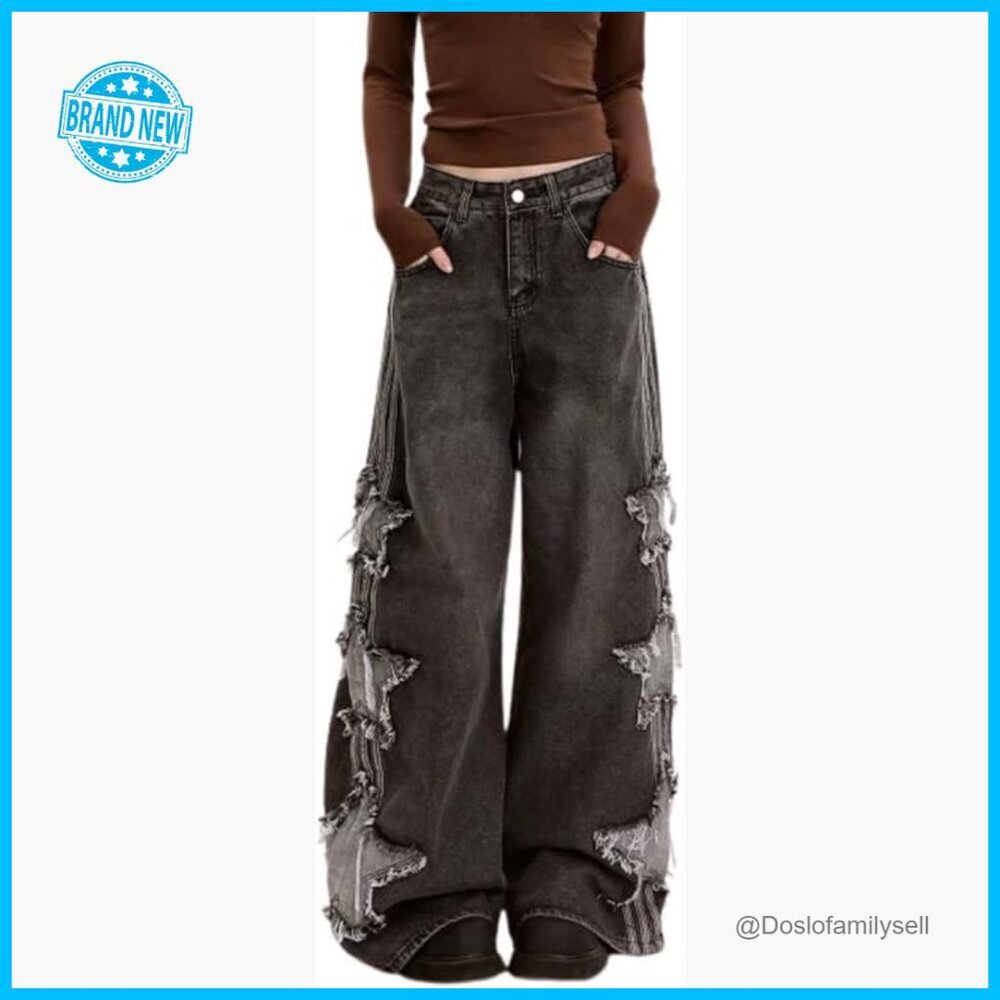 Star Patchwork Denim Pants Y2K High Waisted Baggy Grunge Aesthetic Jeans